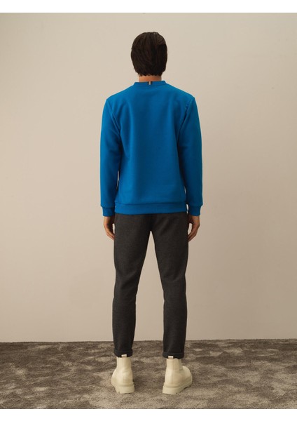 Erkek Mavi Pamuk Dokulu Regular Fit Sweatshirt fırsatları