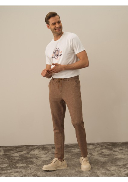 Erkek Camel Doğal Yün Dokulu Slim Fit Jogger Pantolon