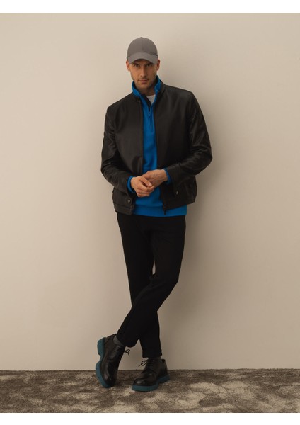 Erkek Siyah Deri Görünümlü Regular Fit Mont