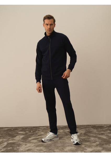 Erkek Lacivert Pamuk Dokulu Slim Fit Sweatmont