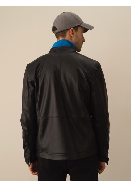 Erkek Siyah Deri Görünümlü Regular Fit Mont modelleri