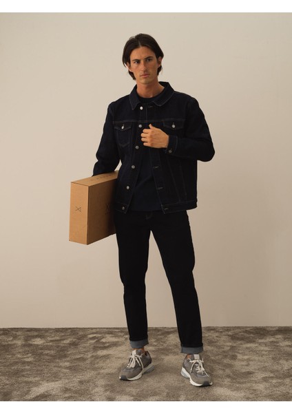 Erkek Lacivert Pamuk Dokulu Regular Fit Ceket