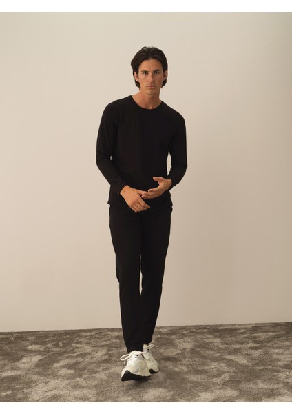 Erkek Siyah Modal Dokulu Slim Fit Uzun Kollu Tişört