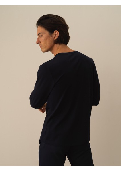 Erkek Lacivert Modal Dokulu Slim Fit Uzun Kollu Tişört modelleri