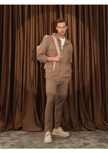 Erkek Camel Doğal Yün Dokulu Regular Fit Gömlek Ceket