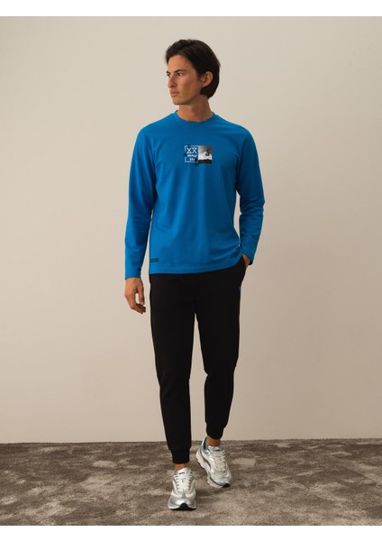 Erkek Mavi Pamuk Dokulu Regular Fit Uzun Kollu Tişört