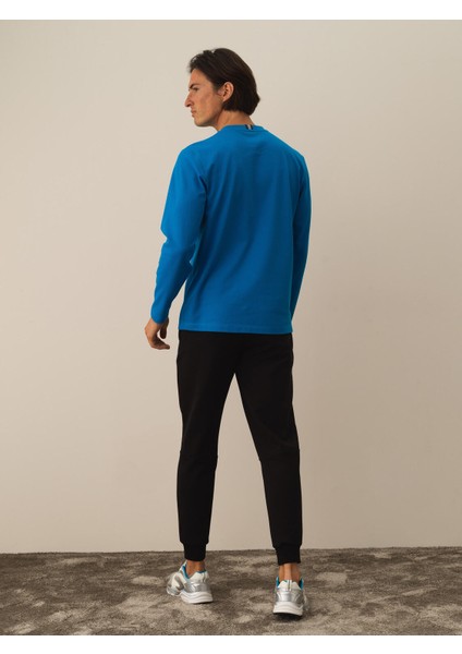 Erkek Mavi Pamuk Dokulu Regular Fit Uzun Kollu Tişört fırsatları