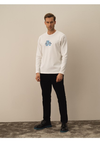 Erkek Kırık Beyaz Pamuk Dokulu Regular Fit Uzun Kollu Tişört