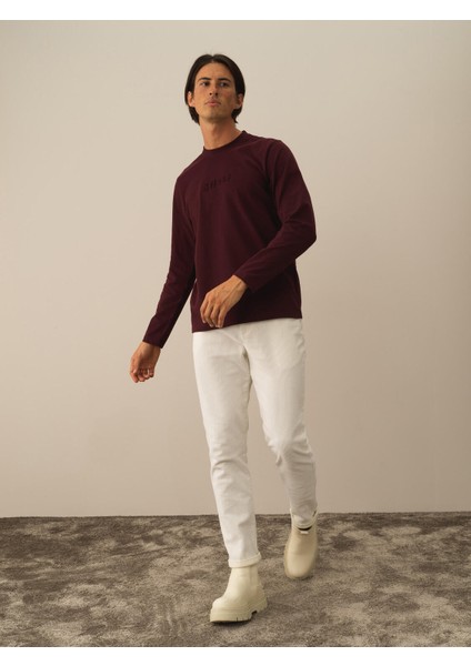 Erkek Bordo Pamuk Dokulu Regular Fit Uzun Kollu Tişört