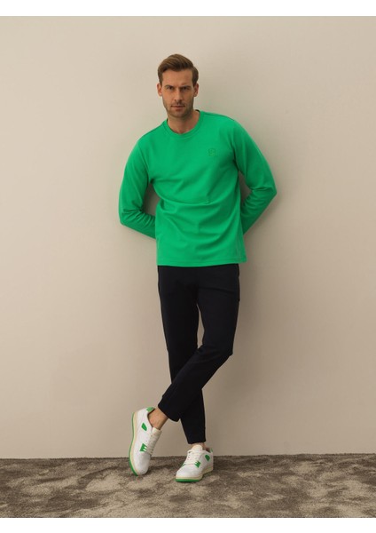 Erkek Yeşil Pamuk Dokulu Regular Fit Uzun Kollu Tişört