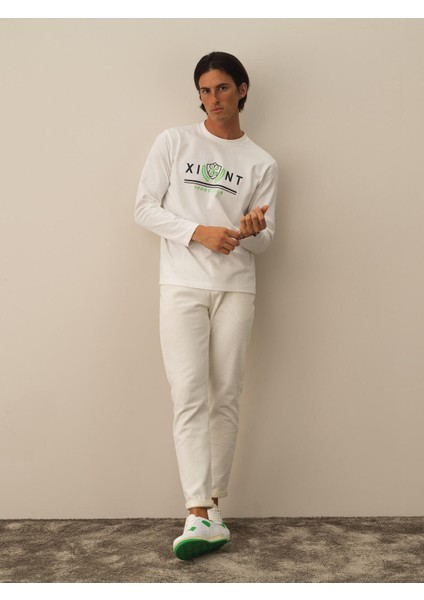 Erkek Kırık Beyaz Pamuk Dokulu Regular Fit Uzun Kollu Tişört