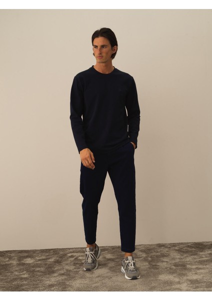 Erkek Lacivert Pamuk Dokulu Regular Fit Uzun Kollu Tişört