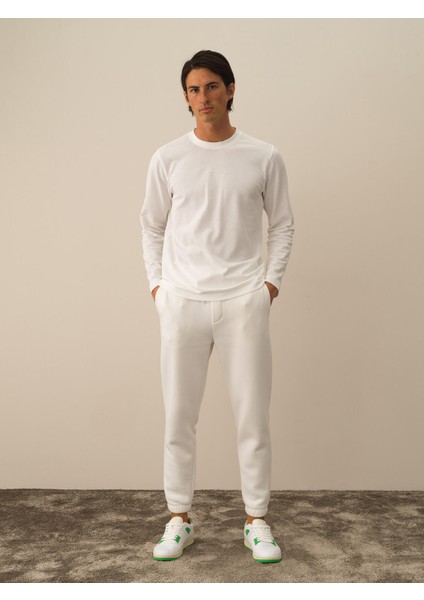 Erkek Kırık Beyaz Pamuk Dokulu Regular Fit Uzun Kollu Tişört
