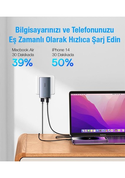 Super Şarj Ultra Ince 65W Şarj Adaptörü ve 100W Type C Kablo Laptop Notebook Macbook Şarj Seti