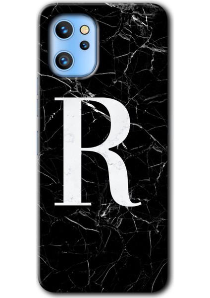 Reeder S19 Max Pro Kılıf Hd Desen Baskılı Arka Kapak + Kırılmaz Cam - Siyah Mermer Desenli R Harfi