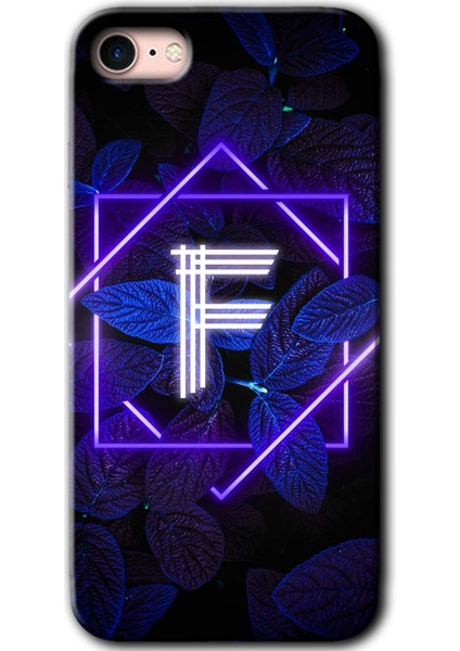 Apple iPhone 7 Kılıf Hd Desen Baskılı Arka Kapak + Kırılmaz Cam - Dark Neon Yaprak F Harfi