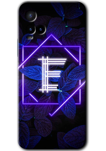 Vivo Y33S Kılıf Hd Desen Baskılı Arka Kapak + Kırılmaz Cam - Dark Neon Yaprak E Harfi