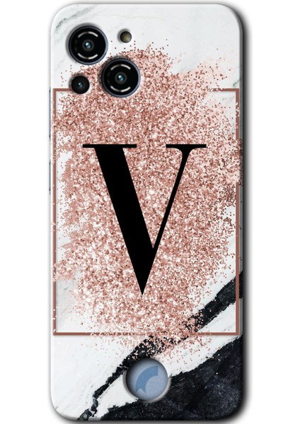 Reeder S23 Pro Max Kılıf Hd Desen Baskılı Arka Kapak + Kırılmaz Cam - Pembe Mermer Desenli V Harfi