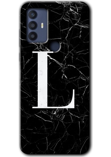 Tcl 30 Se Kılıf Hd Desen Baskılı Arka Kapak + Kırılmaz Cam - Siyah Mermer Desenli L Harfi