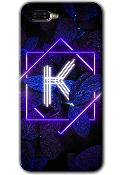 Oppo Rx 17 Neo Kılıf Hd Desen Baskılı Arka Kapak + Kırılmaz Cam - Dark Neon Yaprak K Harfi