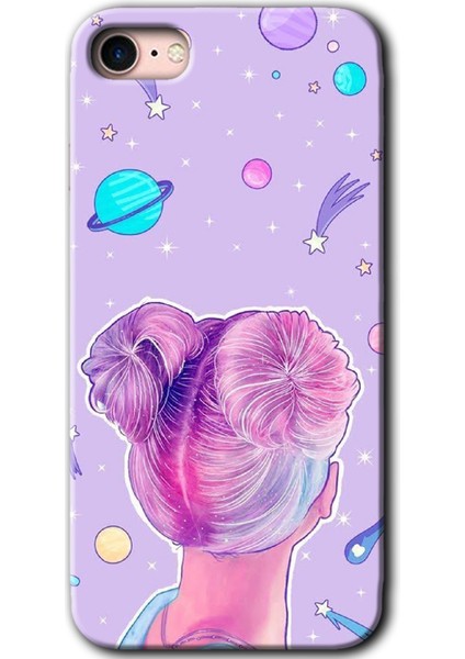Apple iPhone 7 Kılıf Hd Desen Baskılı Arka Kapak + Kırılmaz Cam - Uzaylı Kız
