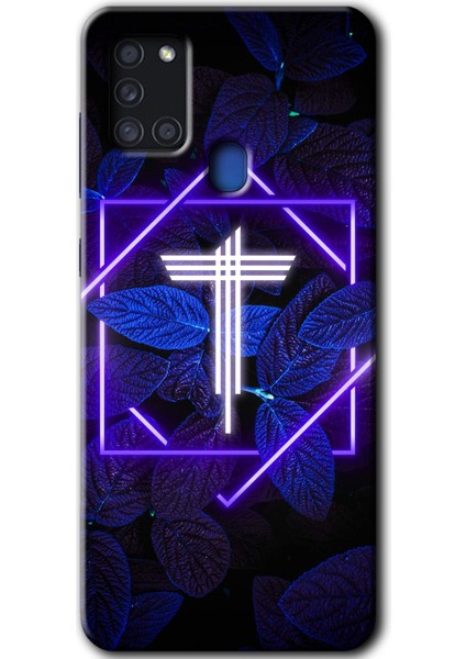 Galaxy A21S Kılıf Hd Desen Baskılı Arka Kapak + Kırılmaz Cam - Dark Neon Yaprak T Harfi