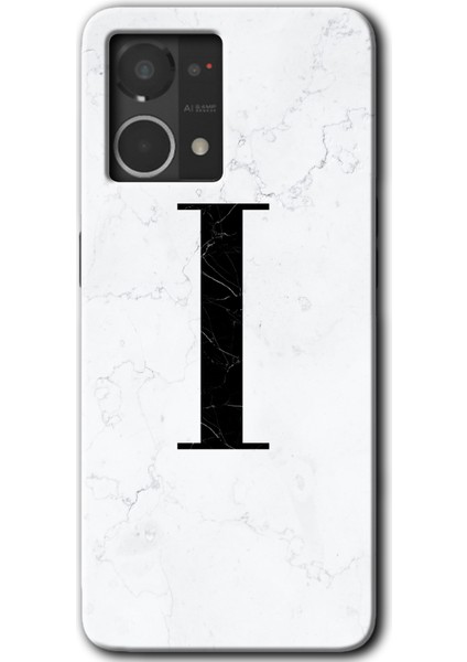 Oppo Reno 7 4g Kılıf Hd Desen Baskılı Arka Kapak + Kırılmaz Cam - Beyaz Mermer Desenli I Harfi