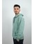 Erkek Kapüşonlu ve Önden Cepli Düz Polar Sweatshirt Turkuaz 2