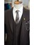 Erkek Slim Fit Italyan Kesim Kırlangıç Yaka Ceket Yelek Pantolon Takım Elbise-Acı Kahve 3