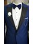 Erkek Kuşaklı Smokin Damatlık Saten Kırlangıç Yaka Italyan Kesim Slim Fit-Saks Mavisi 4