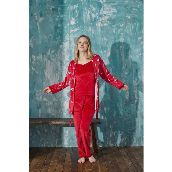 Bie's Kadın Çiçekli Fransız Kadife Ip Askılı Sabahlıklı Dantel Detaylı Pijama Takımı 3lü Set