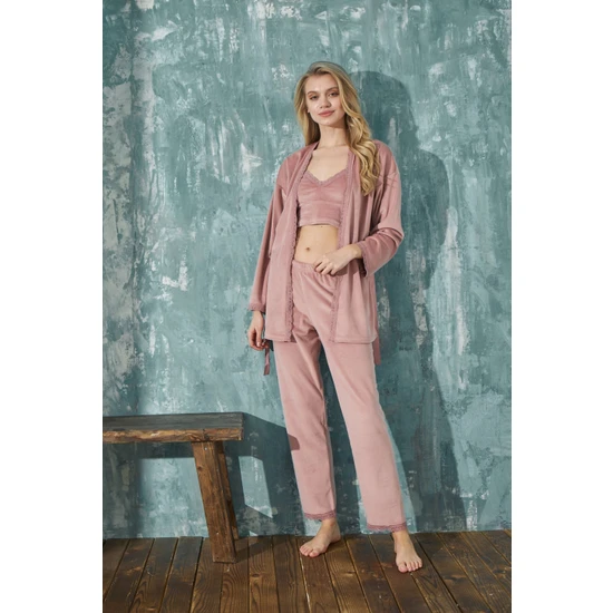 Bie's Kadın Crop Fransız Kadife Sabahlıklı Dantel Detaylı Bralet Pijama Takımı 3lü Set
