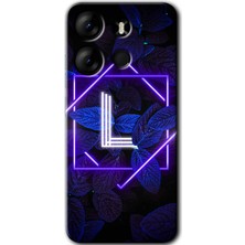 Gramaphone Tecno Spark Go 2023 Kılıf Hd Desen Baskılı Arka Kapak + Kırılmaz Cam - Dark Neon Yaprak L Harfi