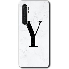 Gramaphone Xiaomi Mi Note 10 Lite Kılıf Hd Desen Baskılı Arka Kapak + Kırılmaz Cam - Beyaz Mermer Desenli Y Harfi