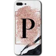 Gramaphone Apple iPhone 7 Plus Kılıf Hd Desen Baskılı Arka Kapak + Kırılmaz Cam - Pembe Mermer Desenli P Harfi
