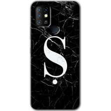 Gramaphone Infinix Hot 10 Kılıf Hd Desen Baskılı Arka Kapak + Kırılmaz Cam - Siyah Mermer Desenli Ş Harfi