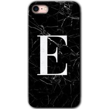 Gramaphone Apple iPhone 7 Kılıf Hd Desen Baskılı Arka Kapak + Kırılmaz Cam - Siyah Mermer Desenli E Harfi