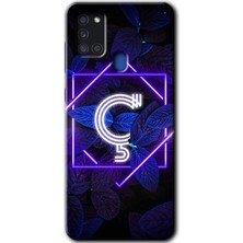 Gramaphone Galaxy A21S Kılıf Hd Desen Baskılı Arka Kapak + Kırılmaz Cam - Dark Neon Yaprak Ç Harfi