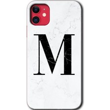 Gramaphone Apple iPhone 11 Kılıf Hd Desen Baskılı Arka Kapak + Kırılmaz Cam - Beyaz Mermer Desenli M Harfi