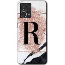 Gramaphone Oppo Reno 7 4g Kılıf Hd Desen Baskılı Arka Kapak + Kırılmaz Cam - Pembe Mermer Desenli R Harfi
