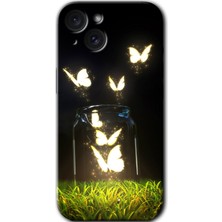 Gramaphone Apple iPhone 15 Uyumlu Kılıf Hd Desen Baskılı Arka Kapak + Kırılmaz Cam - Işıklı Kelebekler