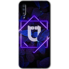 Gramaphone Galaxy A70 Kılıf Hd Desen Baskılı Arka Kapak + Kırılmaz Cam - Dark Neon Yaprak Ü Harfi