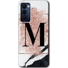 Gramaphone Tecno Camon 18 Kılıf Hd Desen Baskılı Arka Kapak + Kırılmaz Cam - Pembe Mermer Desenli M Harfi