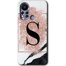 Gramaphone Infinix Hot 11S Kılıf Hd Desen Baskılı Arka Kapak + Kırılmaz Cam - Pembe Mermer Desenli S Harfi