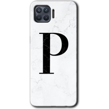 Gramaphone Oppo Reno 4 Lite Kılıf Hd Desen Baskılı Arka Kapak + Kırılmaz Cam - Beyaz Mermer Desenli P Harfi