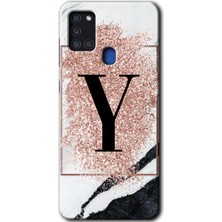 Gramaphone Galaxy A21S Kılıf Hd Desen Baskılı Arka Kapak - Pembe Mermer Desenli Y Harfi