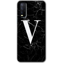 Gramaphone Vivo Y11S Kılıf Hd Desen Baskılı Arka Kapak - Siyah Mermer Desenli V Harfi