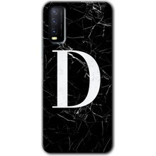 Gramaphone Vivo Y20 Kılıf Hd Desen Baskılı Arka Kapak + Kırılmaz Cam - Siyah Mermer Desenli D Harfi
