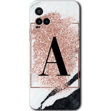 Gramaphone Vivo Y21 Kılıf Hd Desen Baskılı Arka Kapak + Kırılmaz Cam - Pembe Mermer Desenli A Harfi