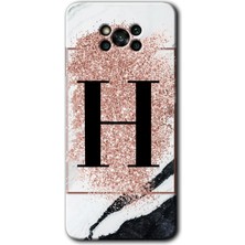 Gramaphone Poco X3 Nfc Kılıf Hd Desen Baskılı Arka Kapak + Kırılmaz Cam - Pembe Mermer Desenli H Harfi